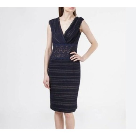 Tadashi Shoji Navy Chiffon Pleated V-Neck Sheath Dress Size 8 Style‎ OC353M - Picture 3 of 11